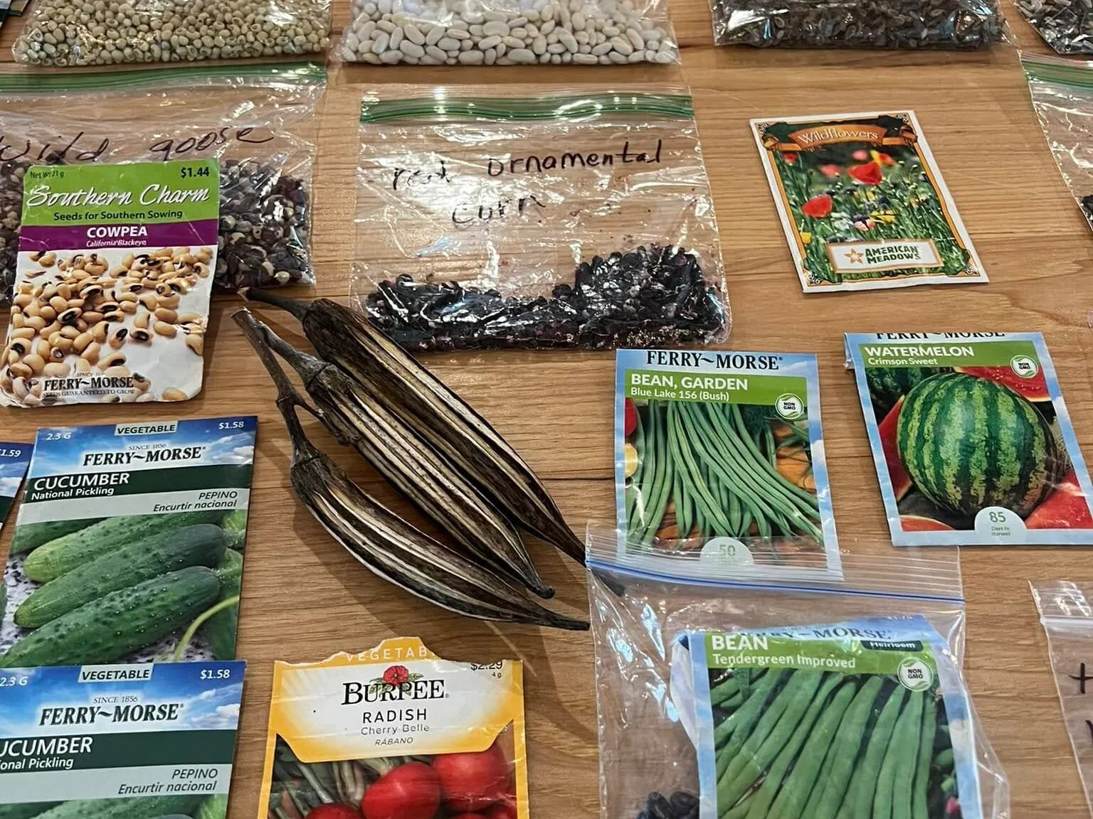 Seed packets and seed pods on a table at Seed Swap