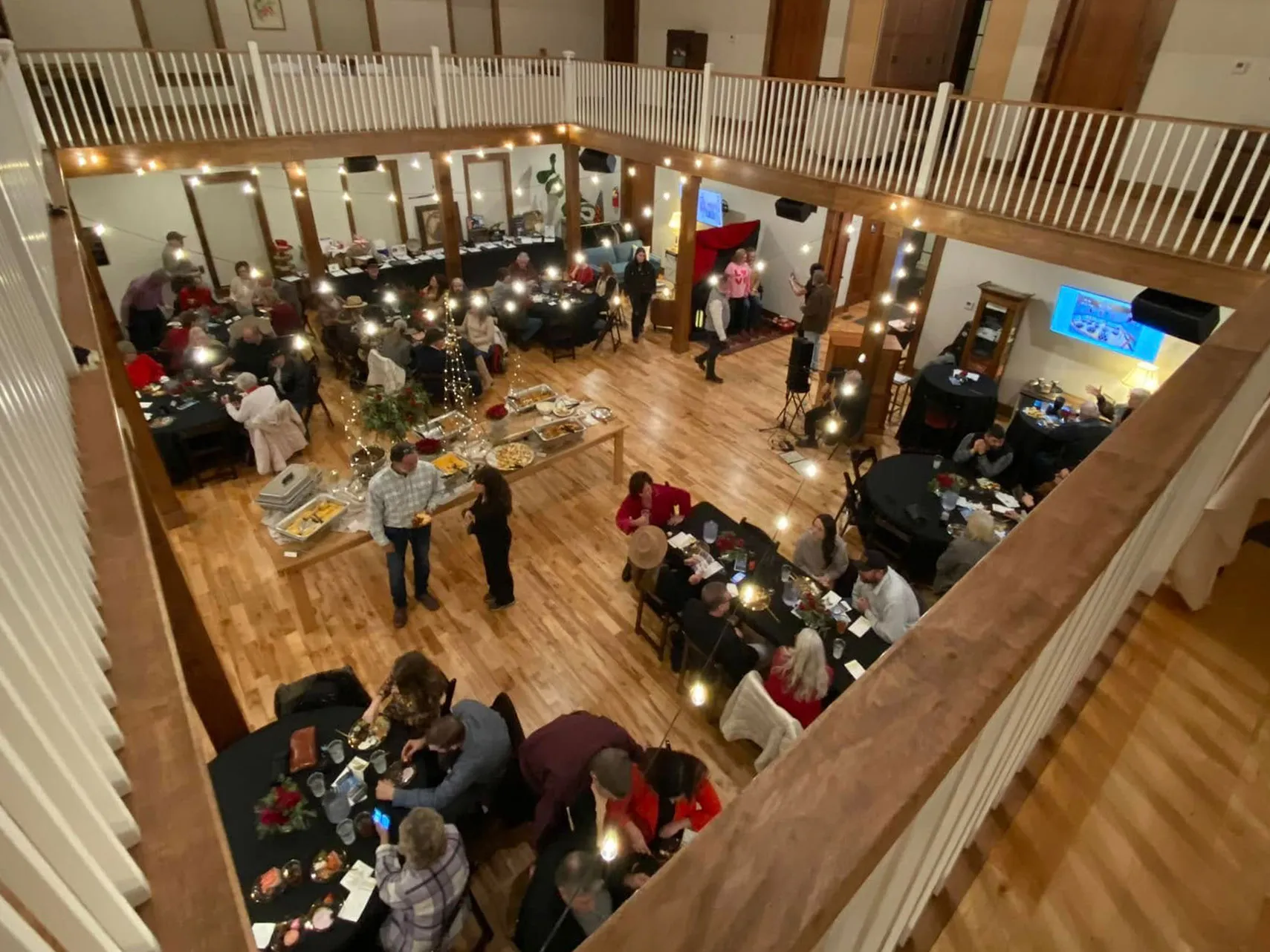 The Ledge hall set for the Valentine’s banquet, seen from above