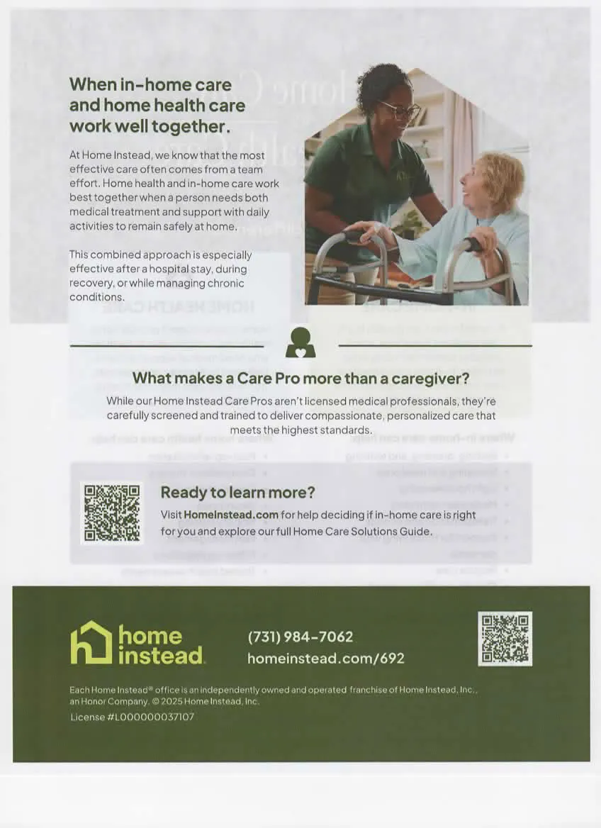 A Home Instead brochure page asking what makes a Care Pro more than a caregiver, with a QR code.
