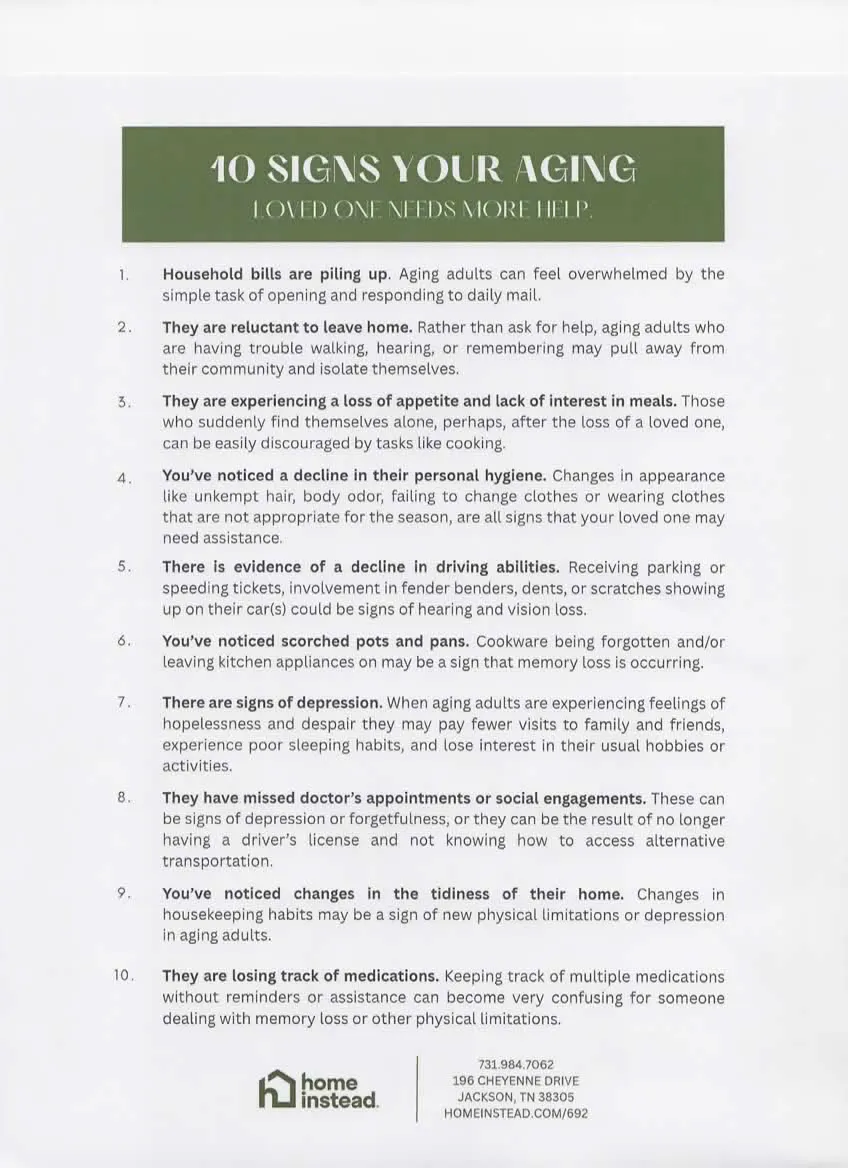 A page from a Home Instead guide listing warning signs that an older adult may need help at home.