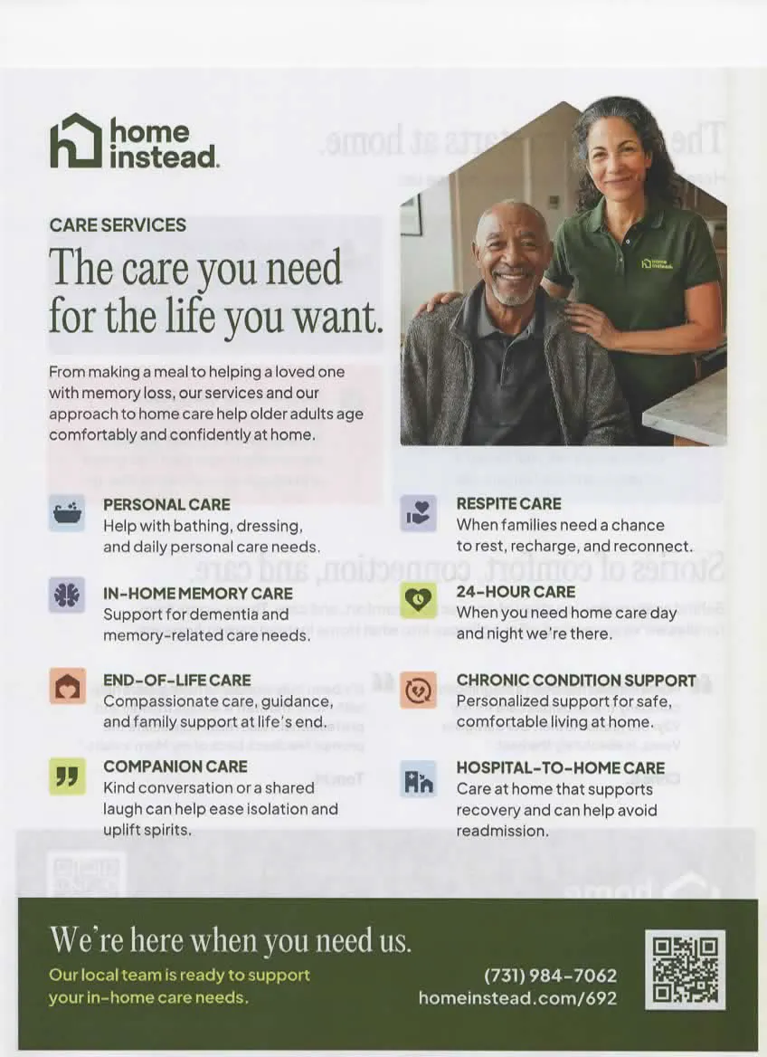 A Home Instead brochure page listing in-home care services such as personal care, memory care, and respite care.