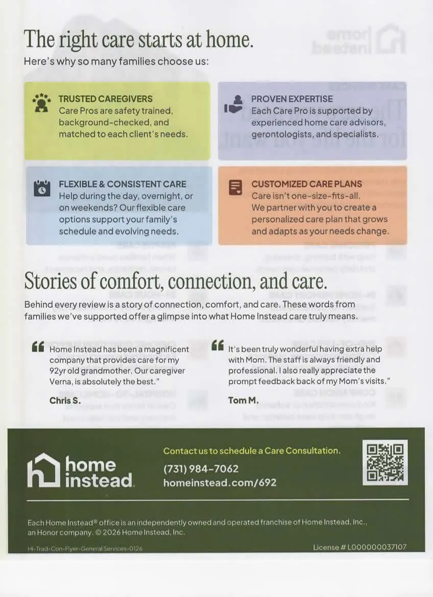 A Home Instead brochure page about flexible care plans, with customer stories.