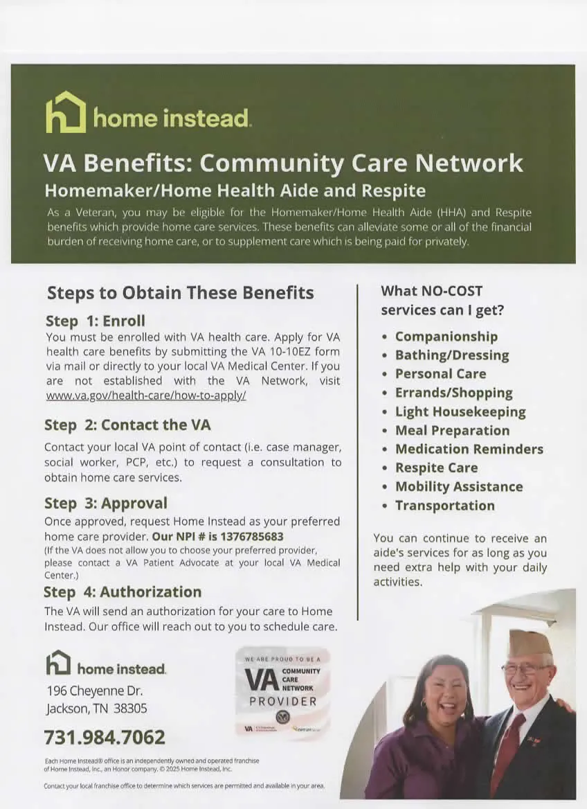A page from a Home Instead guide explaining the steps to get VA home care benefits.