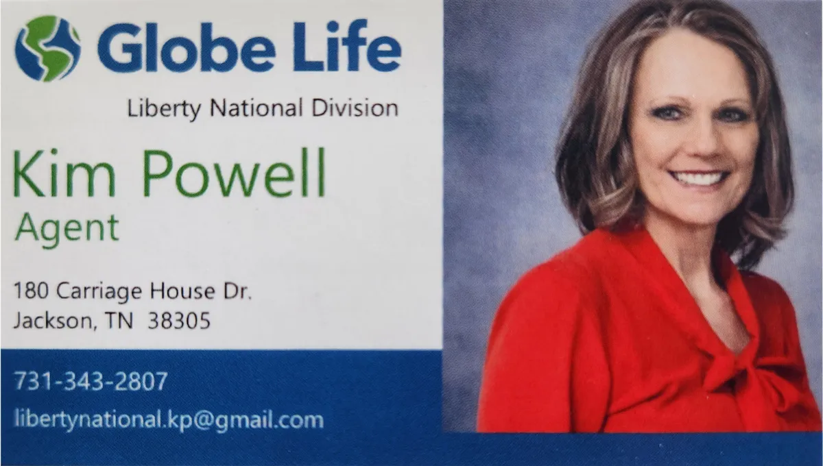 A business card photo of Kim Powell of Globe Life, Liberty National Division, smiling in a red top.